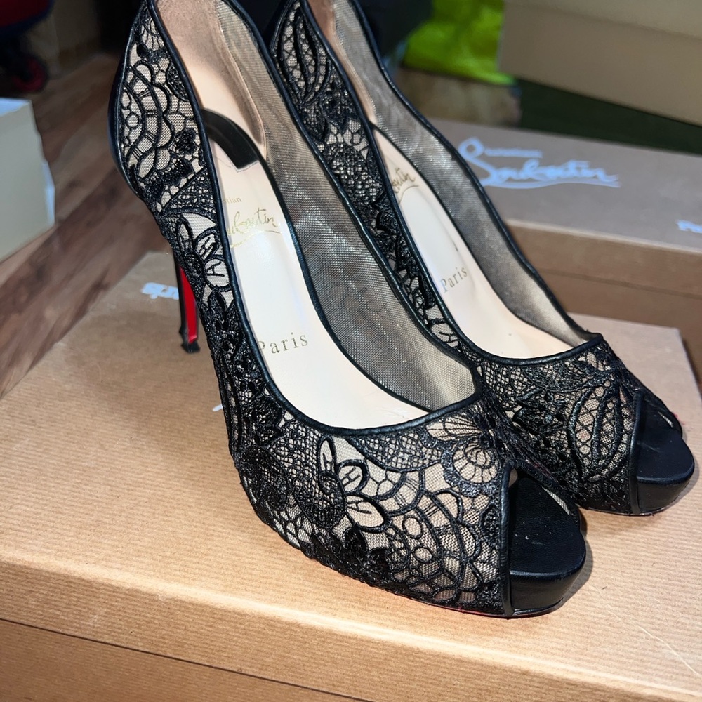 Christian Louboutin Black Lace Peep-Toe Stilettos - Picture 2 of 11